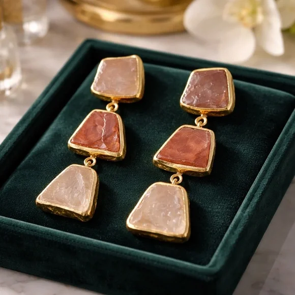 Elegant Gold and Brown Stone Drop Earrings - Picture 1 of 3